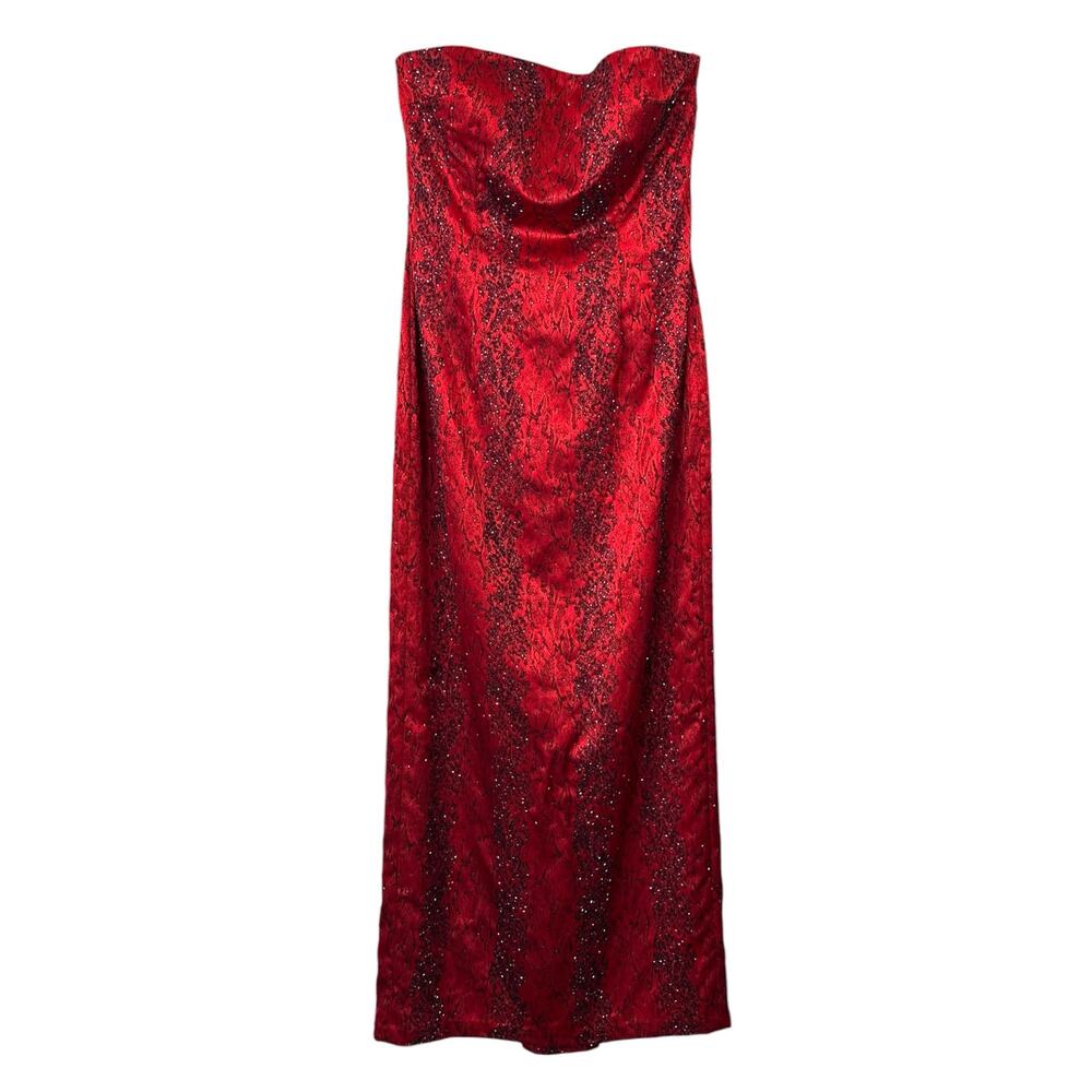 Vintage 90s Cache Strapless Red Beaded Formal Prom Dress Maxi 8 Vampy Goth Alt